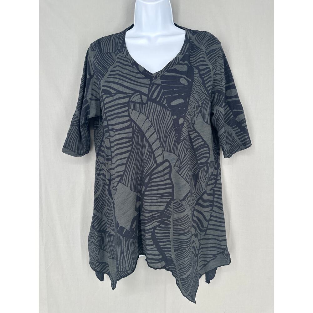 iCantoo Top Womens Small Green Floral Tunic Black Lagenlook Artsy Flowy Boho6